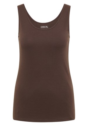 Brown sleeveless tank top with scoop neckline, fitted shape, and Cecile Essentials brand label inside collar.