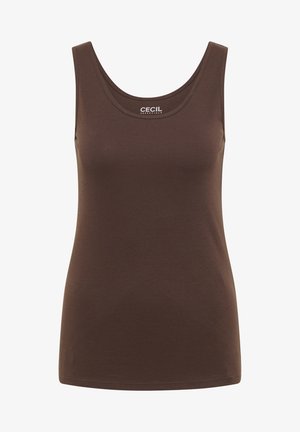 Brown sleeveless tank top with scoop neckline, fitted shape, and Cecile Essentials brand label inside collar.