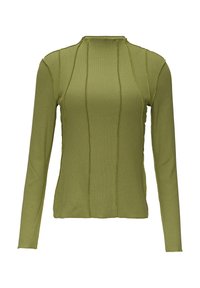 Haut à manches longues vert olive avec une texture côtelée, présentant des coutures jaunes contrastantes et un col rond. Design simple et ajusté.
