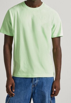 T-shirt in cotone verde chiaro con maniche corte, scollo a giro e una stampa logo discreta. Abbinato a pantaloni shorts in denim blu.