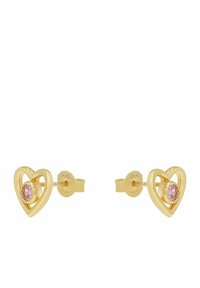 Orecchini a perno a forma di cuore in oro con un centro in pietra preziosa rosa, racchiuso da una doppia sagoma a cuore. Finitura lucida e liscia.