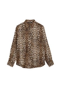 Camicia a bottone con stampa leopardata, dotata di colletto, maniche lunghe e una texture di tessuto morbido in colori marrone e crema.