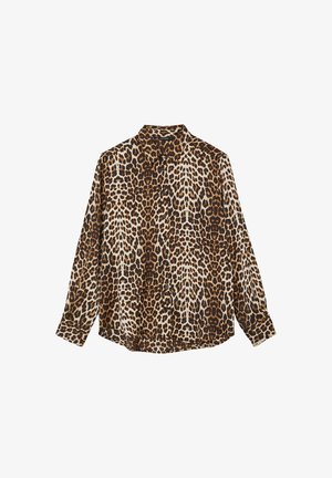 Leopardenmuster-Hemd mit Knopfleiste, Kragen, langen Ärmeln und einem glatten Stoff in Braun- und Cremetönen.
