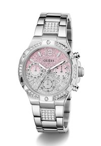 Silver-tone chronograph watch with a pink glitter dial, diamond accents, and a polished metal bracelet. Features three sub-dials and a date display.