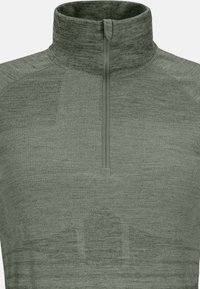 Green long-sleeve pullover with a high collar and a half-zip, featuring a textured knit pattern and a snug fit.