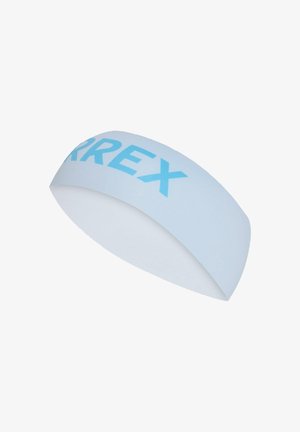 Witte stoffen haarband met een blauw "ARREX" logo. Het ontwerp is glad en naadloos, met een gebogen vorm die om het hoofd wikkelt.