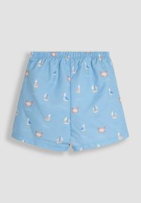 Blaue Badeshorts mit einem Muster aus Krabben, Möwen und Segelbooten. Hergestellt aus leichtem Stoff mit einem elastischen Bund.