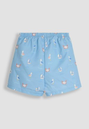 Blauwe zwemshorts met een patroon van krabben, meeuwen en zeilboten. Gemaakt van lichtgewicht stof met een elastische tailleband.