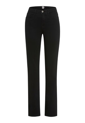 Sorte lige ben jeans lavet af denim, med en frontknap lukning, bæltestropper og fem lommer med en glat tekstur.