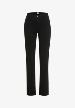 Sorte lige ben jeans lavet af denim, med en frontknap lukning, bæltestropper og fem lommer med en glat tekstur.