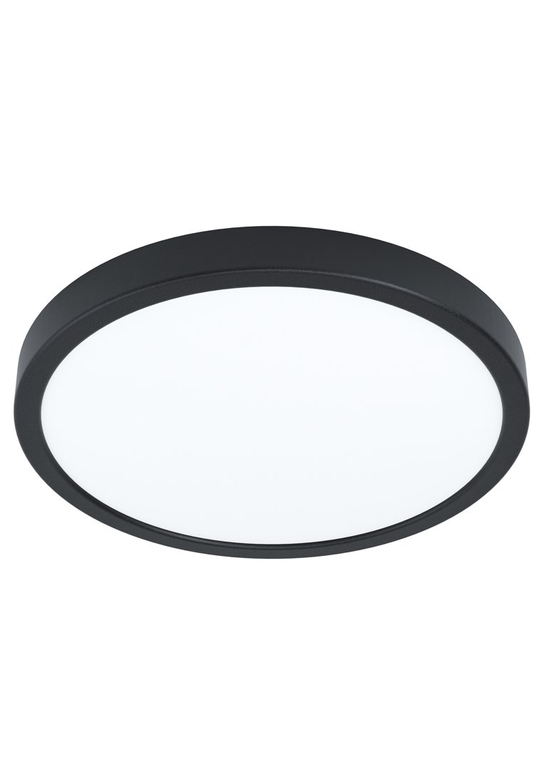 Runde Deckenleuchte mit einem schwarzen Metallrand und einem satinierten weißen Glasdiffusor, der ein minimalistisches Design bietet, das sich für verschiedene Räume eignet.