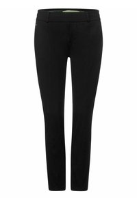 Černé kalhoty s přiléhavým střihem, hladkou texturou, rovnými nohavicemi, standardním pasem a minimalistickými detaily.