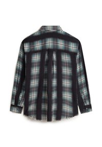 Chemise à carreaux noir et turquoise à manches longues, avec des poignets à bouton et un ourlet effiloché. Présente un empiècement arrière et une texture à motifs.