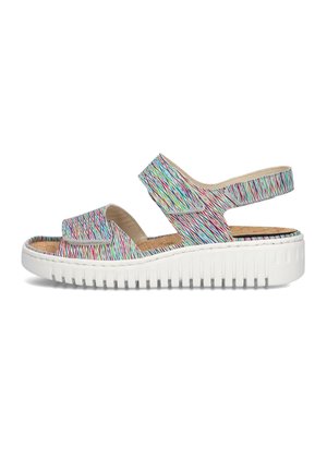 Open sandaal met gekleurde gevlochten bandjes, verstelbare enkelriem, gevoerd kurken voetbed en dikke witte geribbelde zool.