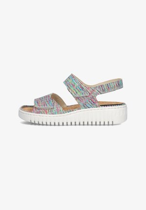 Open sandaal met gekleurde gevlochten bandjes, verstelbare enkelriem, gevoerd kurken voetbed en dikke witte geribbelde zool.