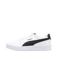 Zapatillas blancas con una parte superior de cuero liso, franjas laterales negras, puntera redonda y suela de goma blanca texturizada. Cuenta con cierre de cordones.