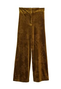 Braune Samt-Hosen mit weitem Bein, die ein geprägtes Blumenmuster und einen hohen Bund aufweisen, mit glatter Textur und lockerem Sitz.