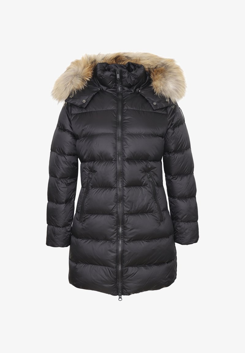 Giubbotto imbottito nero a trapunta con zip frontale, due tasche con zip, colletto alto e cappuccio rifinito in finta pelliccia marrone chiaro.