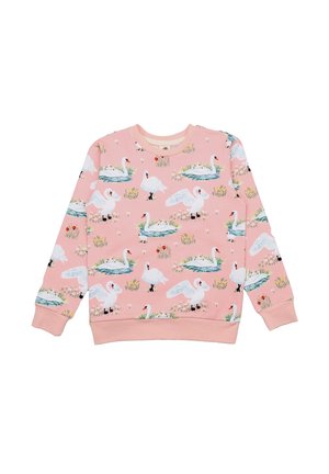 Pink sweatshirt featuring a swan pattern with floral accents. Ribbed cuffs and neckline. Cotton blend material, casual fit, and long sleeves.