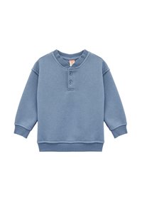 Niebieska bawełniana bluza z okrągłym dekoltem, trzema guzikami, długimi rękawami oraz ściągaczami na mankietach i u dołu. Gładka tekstura, swobodny krój.