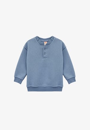Sweatshirt en coton bleu avec un col rond, patte de boutonnage à trois boutons, manches longues et bords côtelés au niveau des manches et de l'ourlet. Texture lisse, design décontracté.