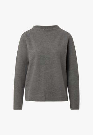 Pull long à manches longues gris en tissu doux, avec un ourlet droit, un col large et une coupe décontractée. Aucun motif visible ni détail en matériel.