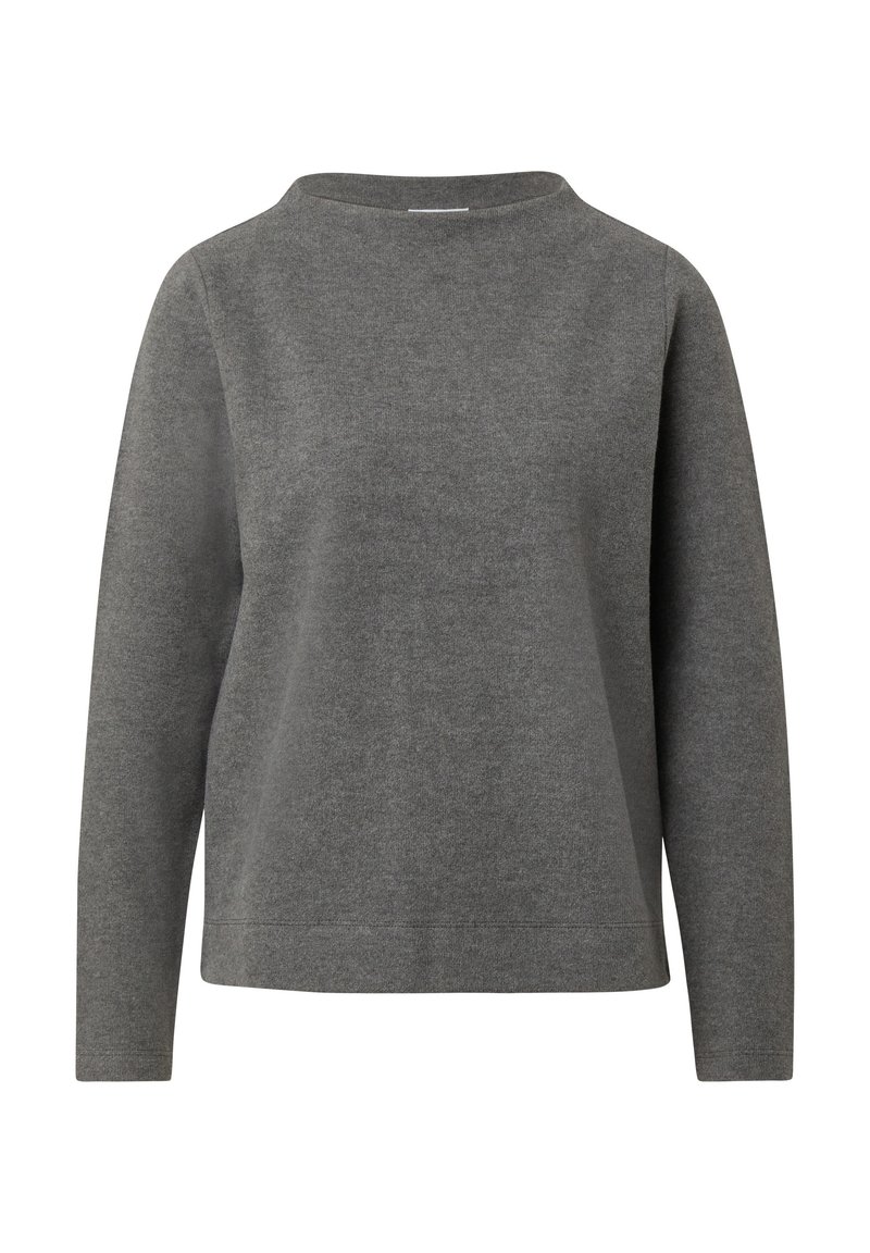 Gray long-sleeve sweater in soft fabric, featuring a straight hem, wide neckline, and relaxed fit. No visible patterns or hardware details.