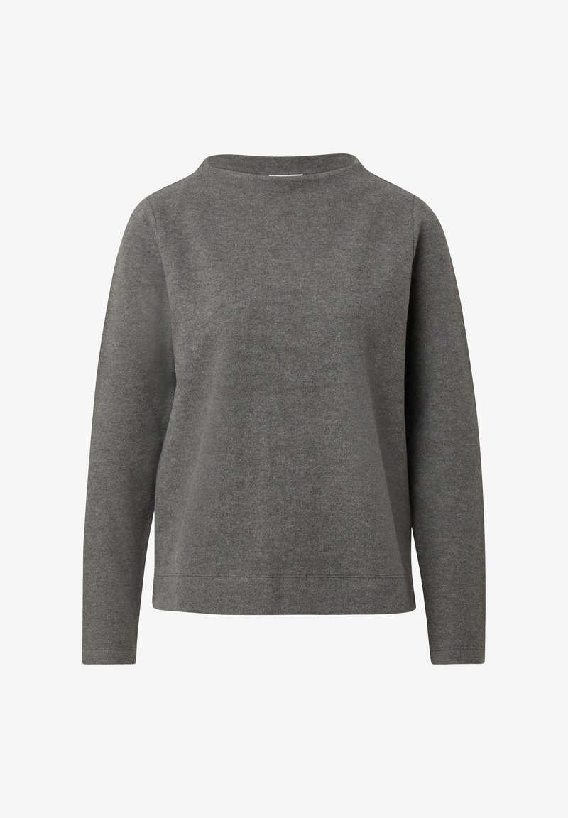 Pull long à manches longues gris en tissu doux, avec un ourlet droit, un col large et une coupe décontractée. Aucun motif visible ni détail en matériel.