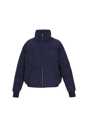 Jachetă căptușită de culoare albastru marin, cu guler înalt, fermoar pe toată lungimea frontală, mâneci lungi și manșete ribbate.