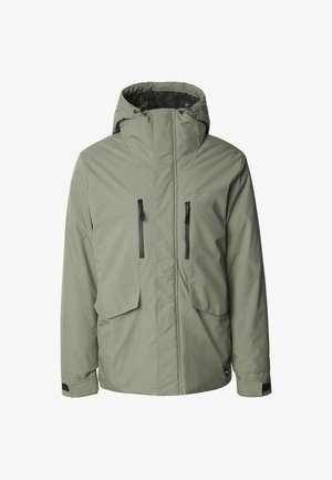 Helles grünes Isolationsjacke mit Kapuze, ausgestattet mit zwei mit Reißverschluss versehenen Brusttaschen, einer Frontblende und elastischen Bündchen für eine passgenaue Passform.