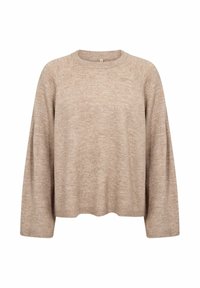 Beige, överdimensionerad stickad tröja med rund hals, långa raglanärmar och ribbade muddar. Mjuk textur med ett subtilt melerat mönster.