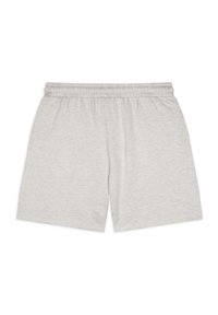 Shorts in cotone grigio chiaro con cintura elastica. Il tessuto ha una sottile texture e arriva a metà coscia. Nessun motivo visibile.