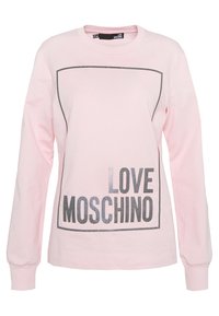 Pink long-sleeve sweatshirt featuring a black outline and bold “LOVE MOSCHINO” graphic print on the front, made of soft cotton material.