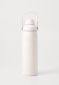 White stainless steel water bottle with a rounded body, a wide opening, and a hinged handle for carrying. Smooth surface, minimal design.