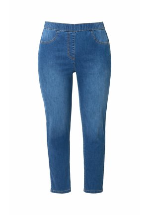 Blaue Denim-Jeggings mit elastischem Bund, vorderen falschen Taschen und schlank geschnittenen Beinen.