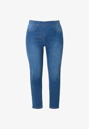 Blauwe denim jeggings met elastische tailleband, nepzakken aan de voorkant en strak aansluitende pijpen.