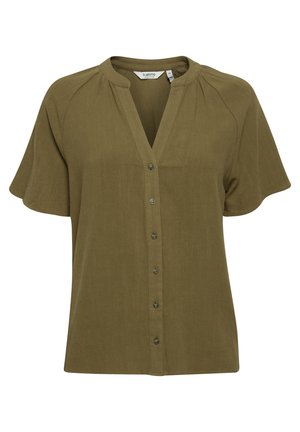 Olive green short-sleeve blouse, featuring a V-neck, button front, and soft fabric with subtle texture. Pleated detailing at shoulders.