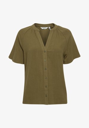 Olive green short-sleeve blouse, featuring a V-neck, button front, and soft fabric with subtle texture. Pleated detailing at shoulders.