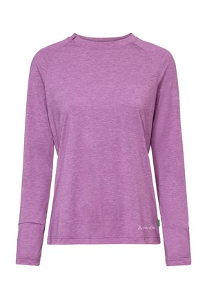 Lange mouwen, ronde hals, paars gemêleerd shirt met raglanmouwen en een klein "Vaude" logo vlakbij de onderzoom aan de linkerzijde.