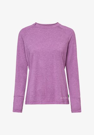 T-shirt à manches longues, col rond, couleur violet chiné, avec manches raglan et petit logo "Vaude" près de l'ourlet inférieur sur le côté gauche.