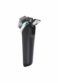 Elektrische scheerapparaat met een metalen kop, zwarte ergonomische handgreep, gestructureerde grip en een uitschuifbare trimmer. Blauwe LED-lamp nabij de kop.