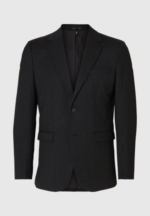 Black blazer made of smooth fabric. Features a single button closure, notch lapels, two front pockets, and a sleek, tailored design.