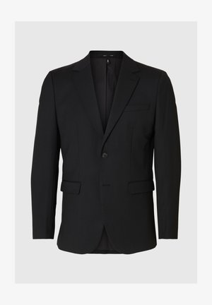 Black blazer made of smooth fabric. Features a single button closure, notch lapels, two front pockets, and a sleek, tailored design.