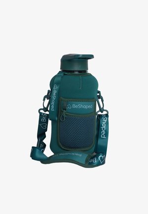 Green insulated water bottle with a textured neoprene sleeve, adjustable strap, and mesh pocket. Features a black cap and branding.