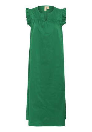 Zelena haljina do koljena s volanima na naramenicama, V-izrezom i ležernim krojem uz detalje uskih proreza sa strane. Izrađena od glatkog materijala.