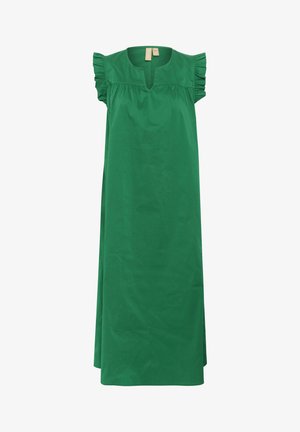 Grün, knielanges Kleid mit Rüsche-Ärmeln, V-Ausschnitt und lockerer Passform mit seitlichen Schlitzdetails. Hergestellt aus glattem Stoff.