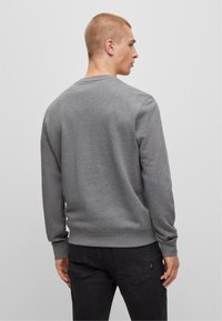 Felpa grigia con maniche lunghe e collo a giro. Presenta polsini e orlo a costine. Il modello è visto da dietro in jeans scuri.