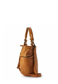 Borsa a mano in pelle marrone con forma strutturata, due manici corti, una tracolla removibile e una tasca con zip frontale. Finitura testurizzata.