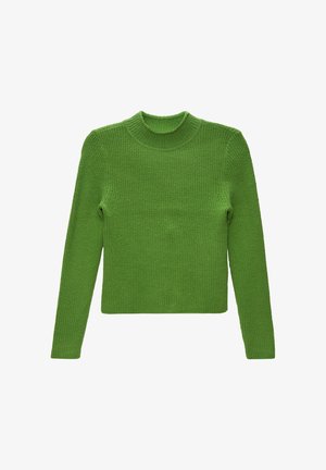 Zielony, prążkowany sweter z długim rękawem, z okrągłym dekoltem i prostym zakończeniem, wyróżniający się teksturowanym materiałem i dopasowanym krojem.