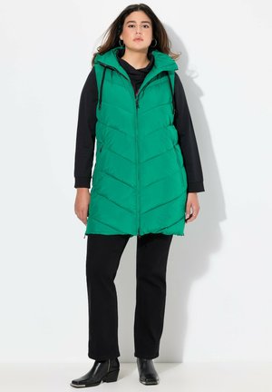 Grüne gepolsterte Weste mit einem Chevron-Design, durchgehendem Reißverschluss, verstellbarem Kapuzen und Taschen, kombiniert mit einem schwarzen Oberteil und schwarzen Hosen.